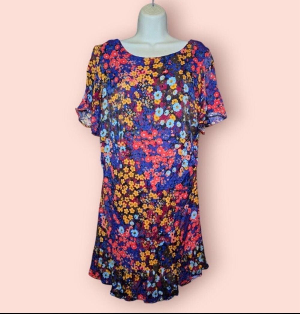 By Anthropologie Ruffled Satin Floral Mini Dress Low Tie Back Cocktail Boho 14